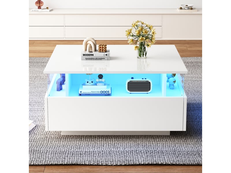  Table basse blanche brillante carrée 70x70 cm avec éclairage led et 2 tiroirs - design moderne  - Conforama R