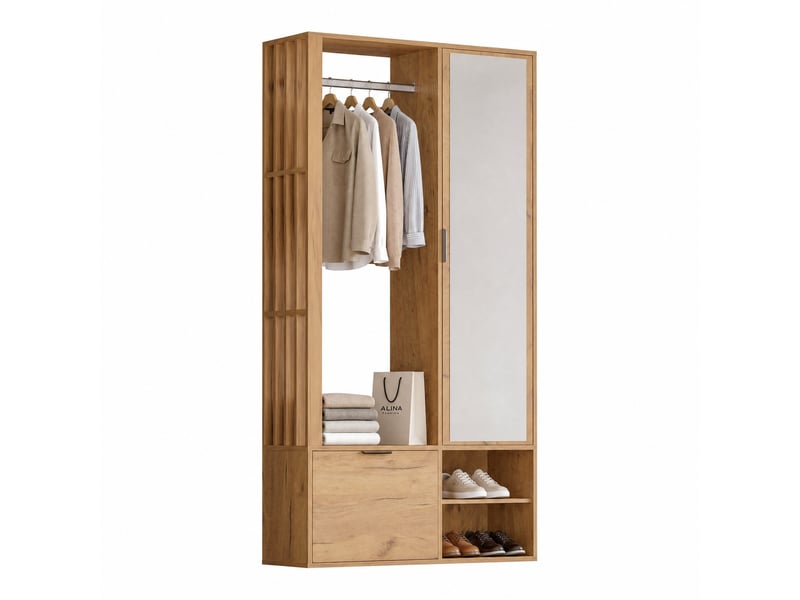  Meuble d'entrée 100x33x190 cm – bois naturel – miroir, penderie et rangement 6-en-1  - Conforama A