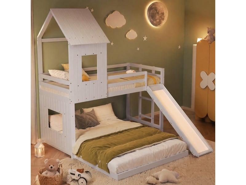  Lit superposé enfant cabane avec toboggan blanc 90x200 et 140x200 cm  - Conforama C