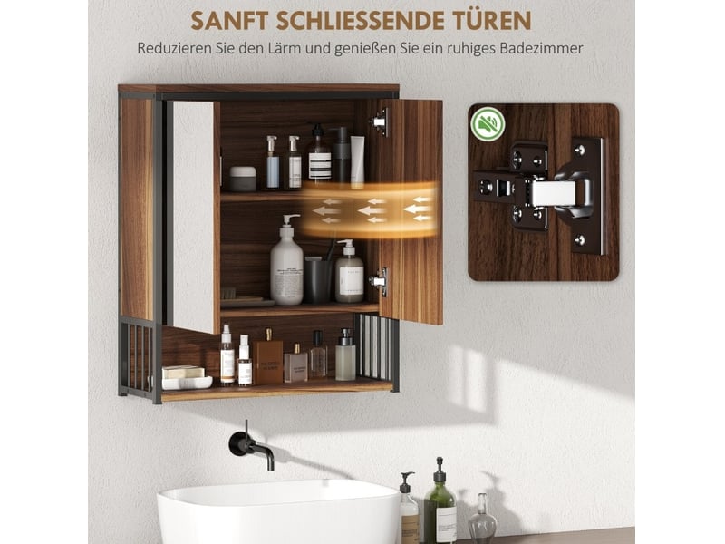  Armoire de toilette murale 56x20x65 cm – marron – 2 portes miroir à fermeture douce et rangement ouvert  - Conforama E