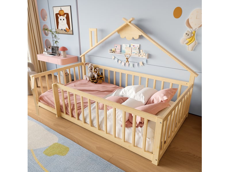  Lit enfant maison 90x190 cm garde-corps 32 cm avec serrure design cabane montage facile pin et mdf naturel sans matelas  - Conforama R
