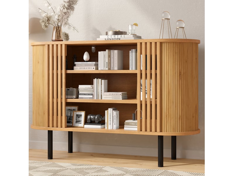 Buffet et enfilade avec 3 niches ouvertes et 4 pieds réglables en métal, aspect bois naturel, pour salon et entrée - Conforama E