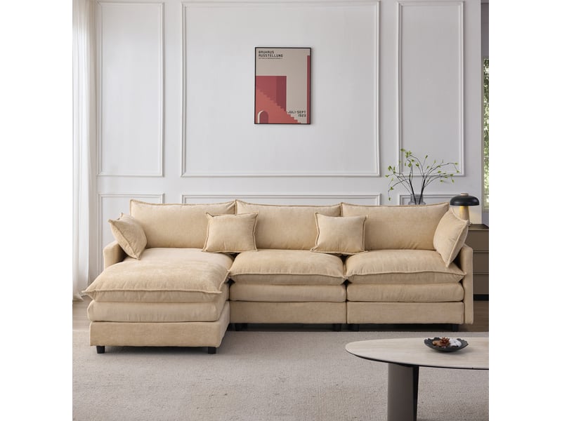  Canapé d'angle modulable 3 places en tissu beige avec pouf mobile, confort moelleux pour le salon  - Conforama B