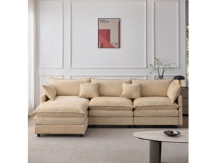 Canapé d'angle modulable 3 places en tissu beige avec pouf mobile, confort moelleux pour le salon