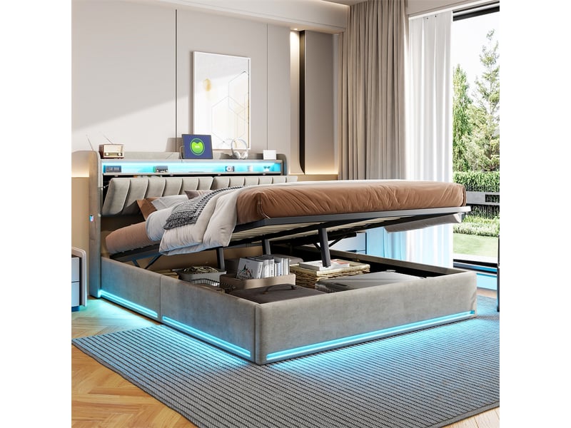  Lit coffre 160x200cm - lit double 160x200 - cadre de lit avec led rgb, tête de lit avec rangement, prise usb type-c - velours gris  - Conforama B