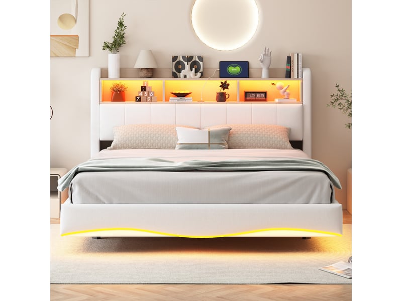 Lit double rembourré 160 x 200 cm effet flottant avec led, usbusb-c et rangement de tête de lit, tissu effet lin beige Fay Lum - Conforama E