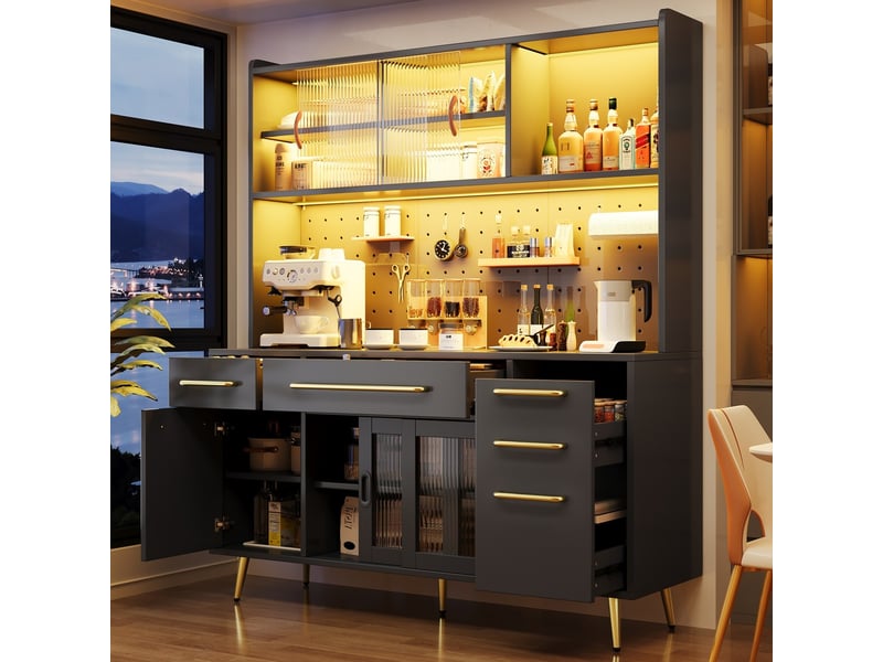  Buffet armoire de rangement haute moderne avec éclairage led, panneau perforé, tiroir, porte en verre, noir pour cuisine et salon  - Conforama C