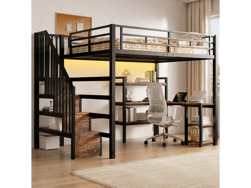  Lit mezzanine double 140×200 cm avec bureau, étagères, led et usb - okmyhome- noir, sans matelas  - Conforama C