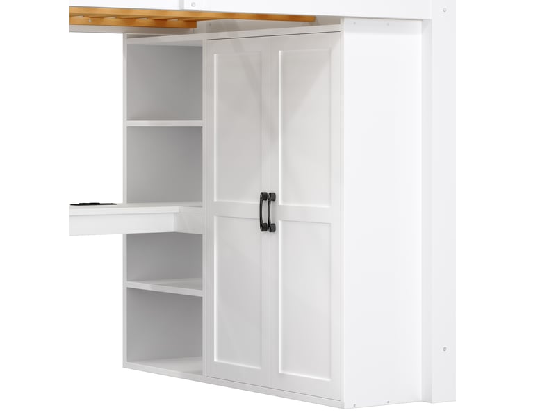  Lit mezzanine 140x200 cm blanc avec bureau intégré, armoire, étagères, escalier rangement et usb led  - Conforama E