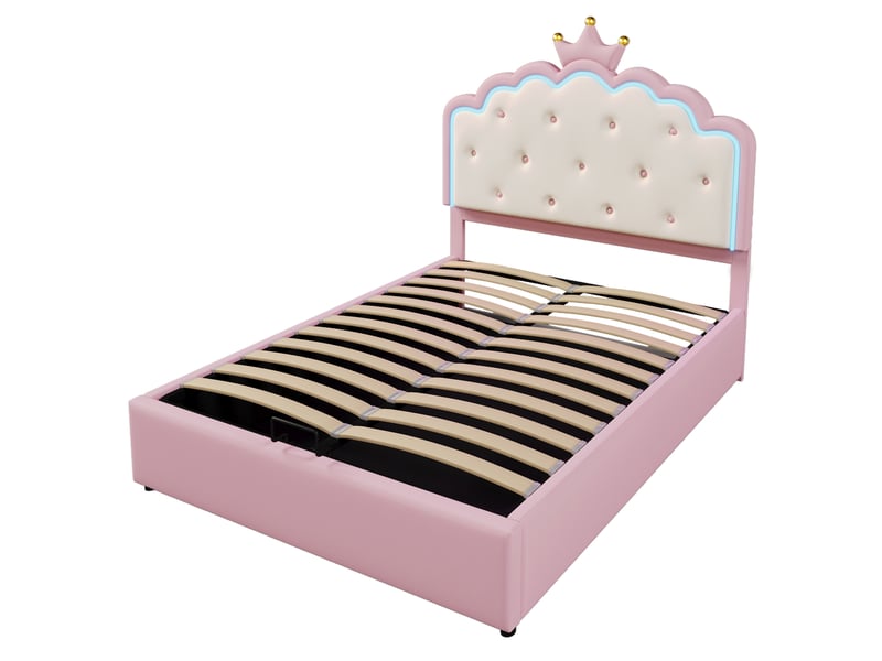 Lit rembourré rose 140x200 cm style princesse avec led et rangement hydraulique - Conforama D
