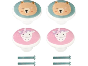 Pack de 2 poignées en céramique pour enfants en forme d'ourson et de licorne, poignées décoratives pour chambres d'enfants.