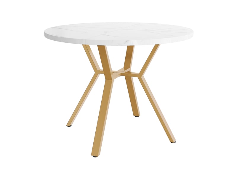  Ensemble table ronde et 4 chaises, plateau effet marbre blanc, pieds en métal doré et sièges ergonomiques en velours gris  - Conforama E