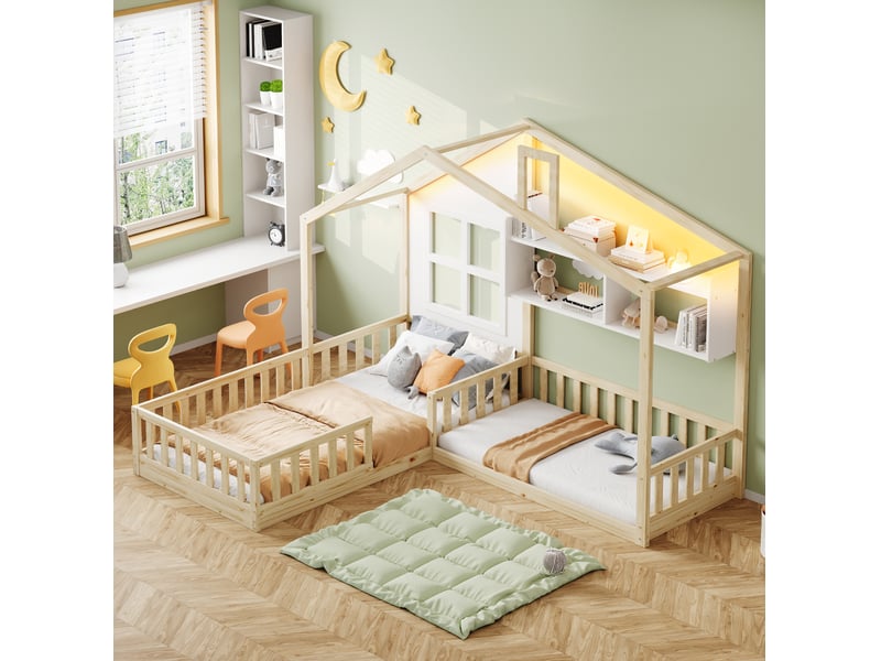  Lit cabane enfant tcqpz 90 x 200 cm led rangements sécurité bois naturel et blanc  - Conforama D