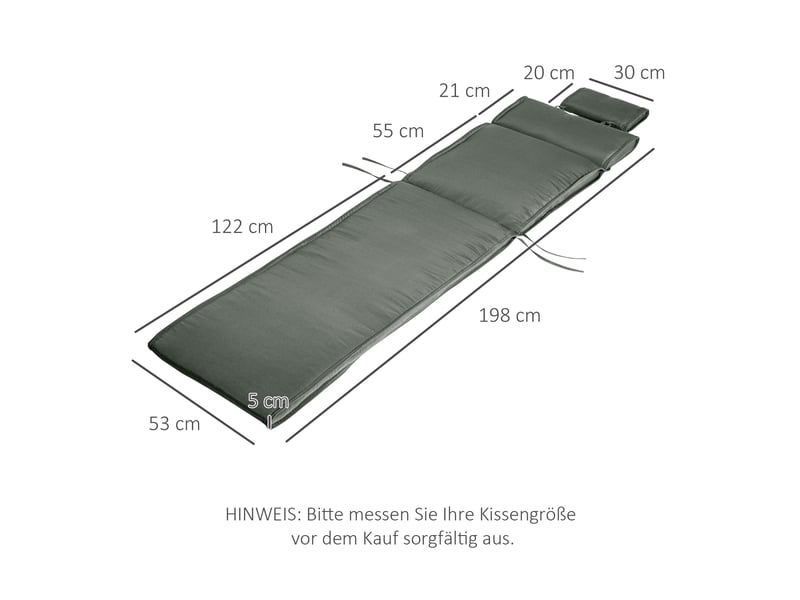  Coussin de bain de soleil 198 x 53 x 5 cm gris en polyester, avec coussin de tête amovible intérieur extérieur  - Conforama C