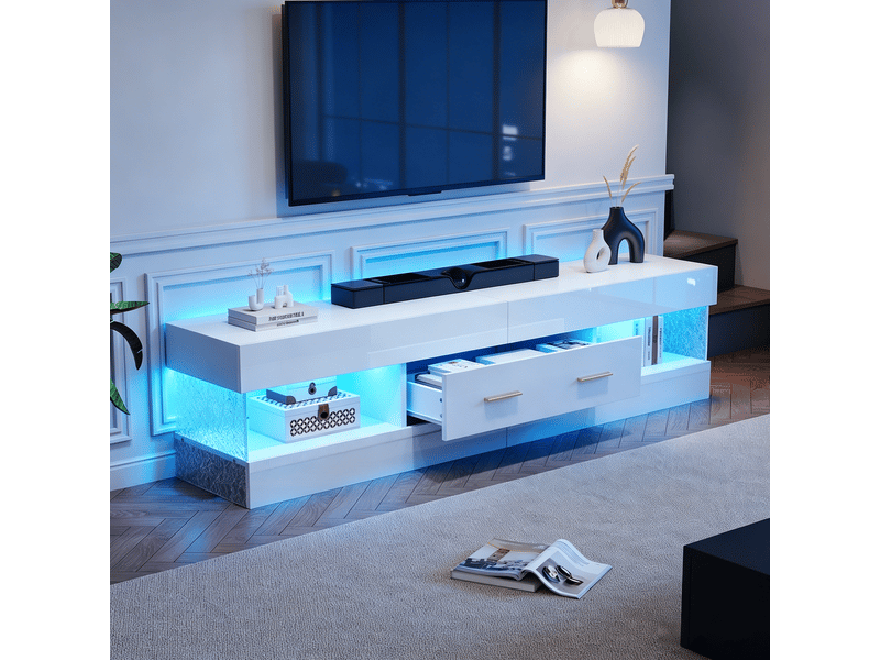  Meuble tv led 152x35x40 cm - meuble bas avec rangement ouvert et tiroirs, plateau en verre acrylique, design moderne - blanc  - Conforama B
