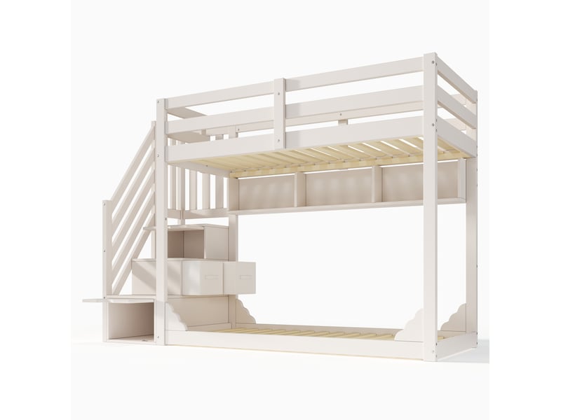  Lit superposé enfant 90x200 cm – blanc – escalier-rangement, 2 tiroirs et 3 étagères ouvertes – sans matelas  - Conforama D
