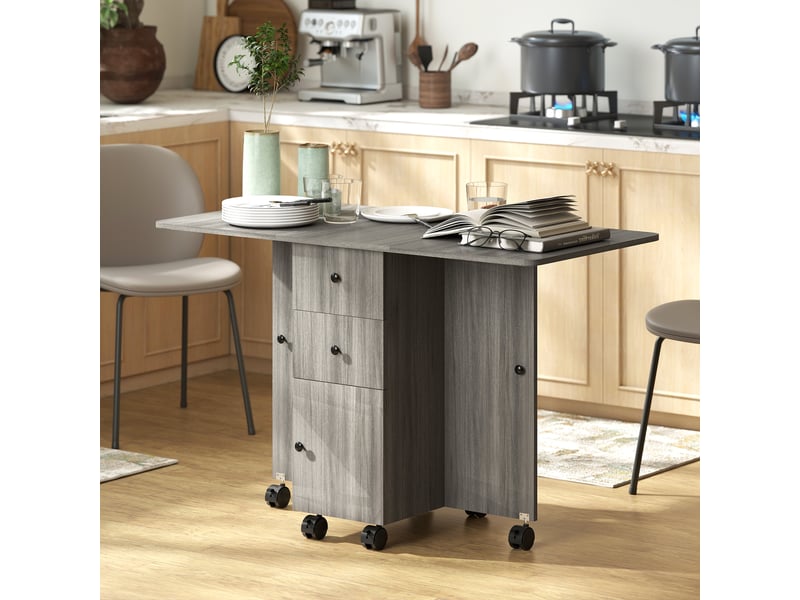  Table de cuisine pliable table à manger pliante 2 plateaux rabattables avec 2 tiroirs 1 placard gris  - Conforama C