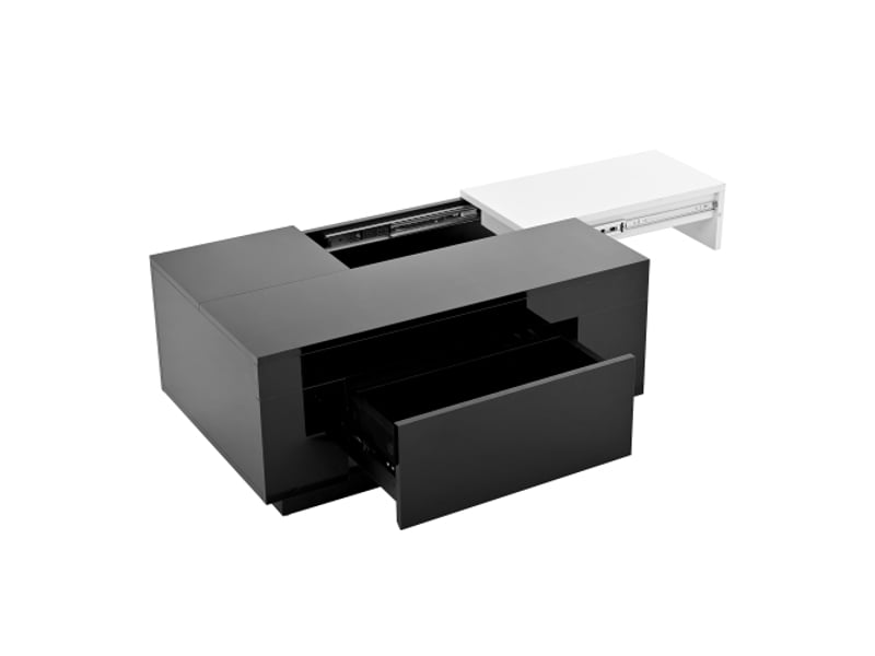  Table basse noire et blanche, table laquée brillante avec éclairage led et espace de rangement dissimulé  - Conforama E