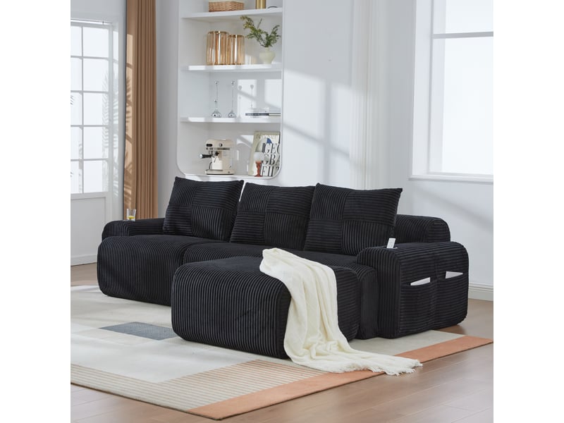 Canapé d’angle modulable 3 places 268x174x80 cm velours côtelé noir - Conforama C