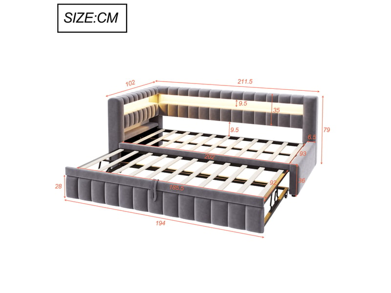  Lit gigogne 90x200 cm avec éclairage led et ports usb et type c en velours gris  - Conforama E