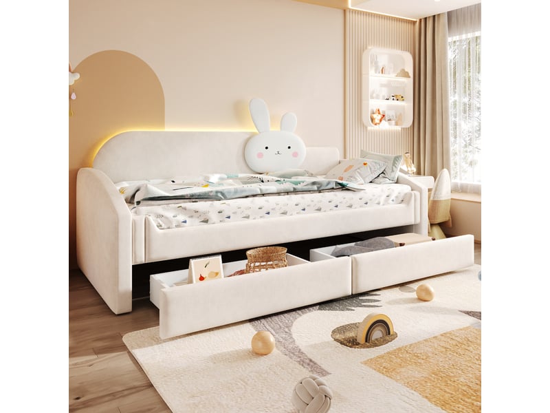  Canapé-lit enfant 90x200 cm avec coussin lapin, led, 2 tiroirs, velours beige, sans matelas  - Conforama B