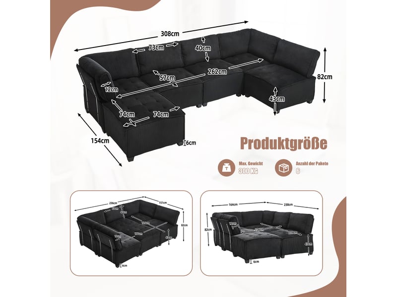  Canapé modulable convertible 6 places en velours côtelé noir, configuration u ou l et poches latérales pratiques  - Conforama C