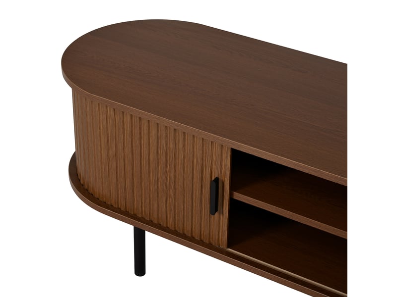 Meuble tv ovale 170x 40x46 cm avec 2 portes coulissantes, 2 compartiments ouverts, pieds en métal, mdf, noyer evarich - Conforama E