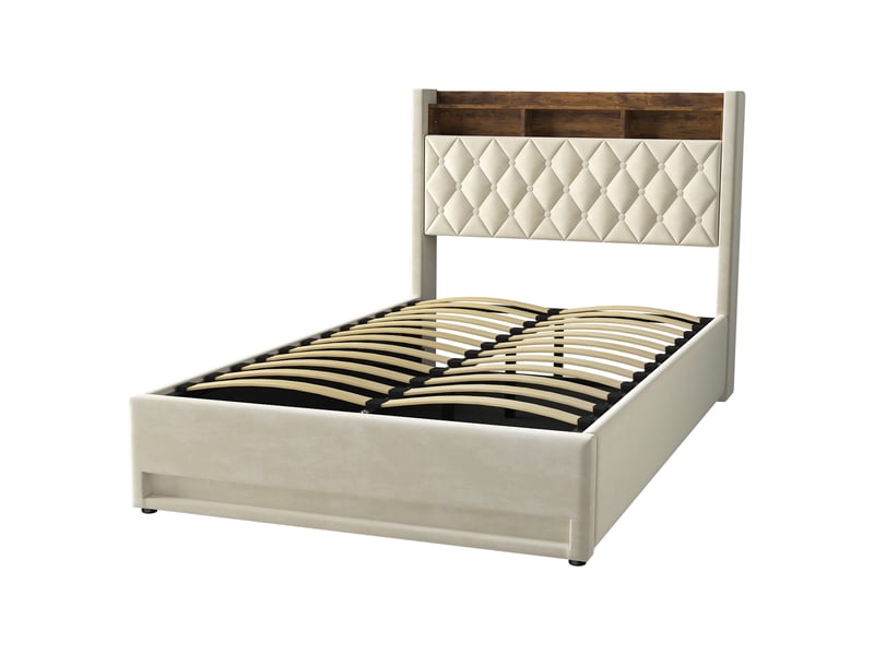  Lit coffre 140x190 cm beige en velours avec coffre de rangement, led et port usb intégré  - Conforama E