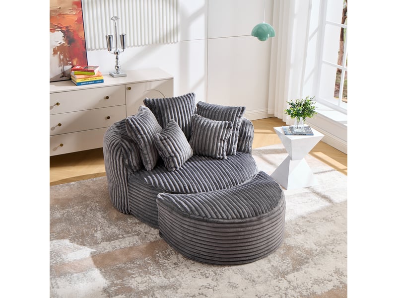  Fauteuil lounge rond en chenille avec repose-pieds, canapé relax grande taille avec 5 coussins, assise profonde pour salon, gris foncé  - Conforama C