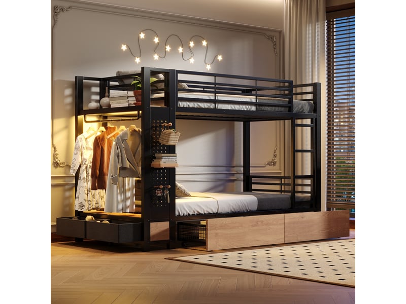  Lit superposé 90x200cm - en métal et bois massif avec 4 tiroirs penderie led et sécurité en747 - noir  - Conforama B