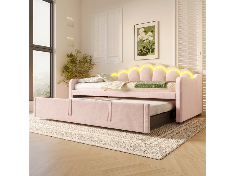  Canapé-lit 90x200 cm avec bande led multicolore, lit simple en velours avec lit gigogne, lit d'enfant, lit 1 personne, rose  - Conforama A