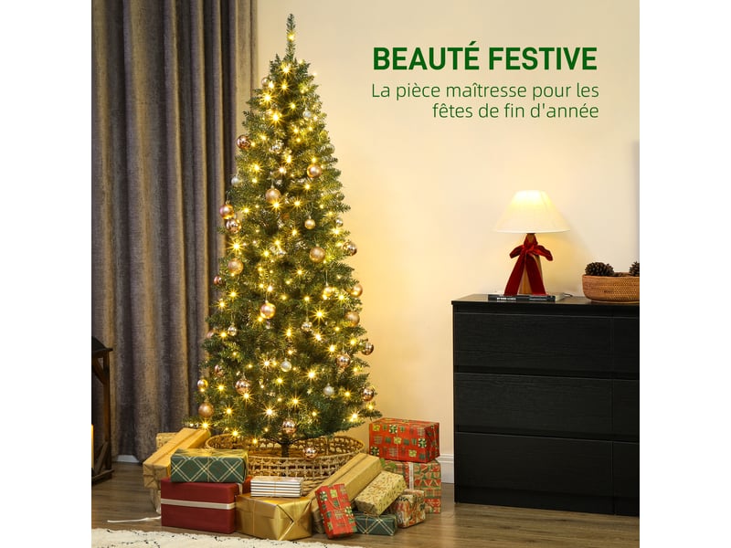  Sapin de noël artificiel 180 cm, arbre de noël fin avec 250 lumières, 899 pointes, support en métal pliable, vert  - Conforama D