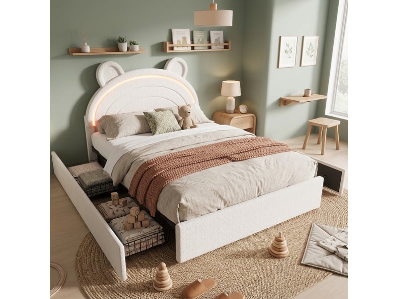  Lit enfant beige 140 × 200 cm en velours, avec 4 tiroirs, led pilotée par application, charge maximale 220 kg  - Conforama E