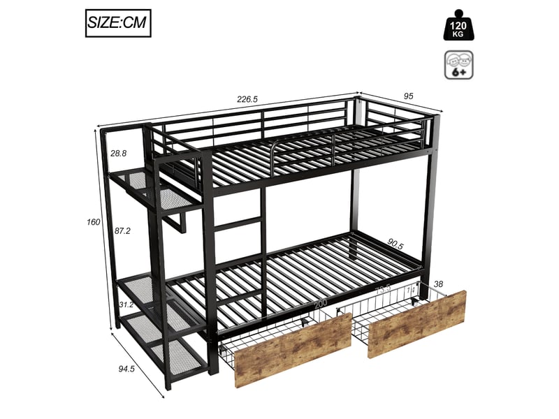  Lit superposé 90 x 200 cm, noir, sans matelas, 2 tiroirs, étagères, led, penderie  - Conforama B