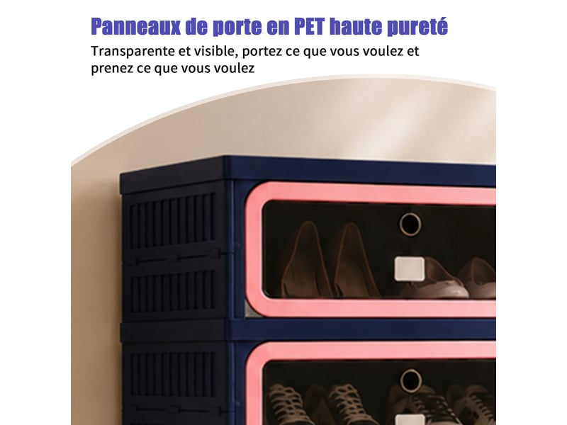Meuble à chaussures pliable,45×34×106 cm,6 niveaux, 12 paires,porte transparente en pet,matériau pp,style moderne,bleu - Conforama W