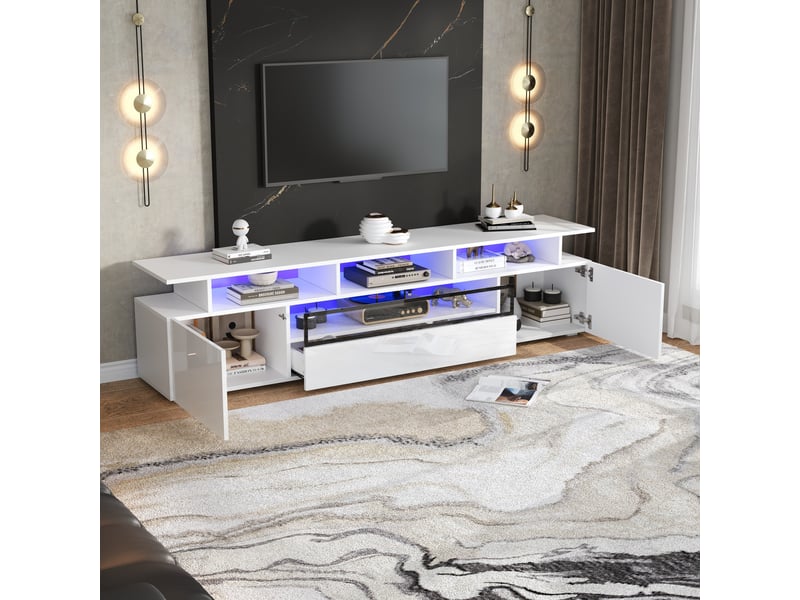  Meuble tv 180x38x45cm, lowboard avec led et 10 étagères, meuble tv haut brillance avec 2 armoires et 1 tiroir, meuble de salon  - Conforama R
