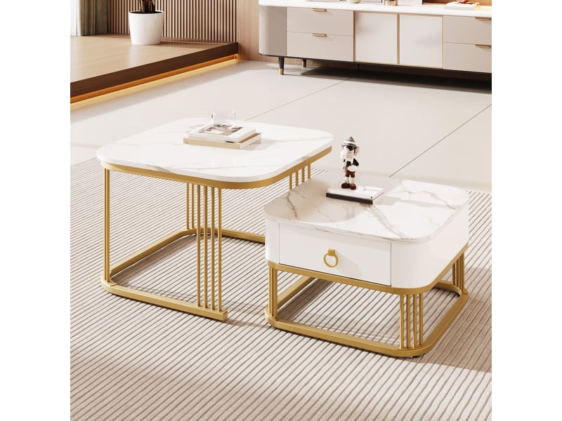  Tables basses gigognes carrées avec 1 tiroir, plateau effet marbre et cadre métal doré, mdf, blanc  - Conforama D