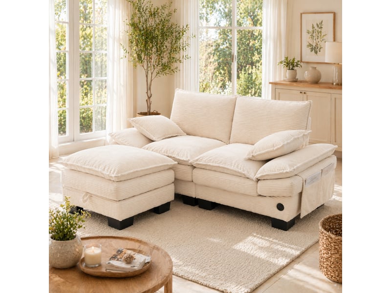 Canapé modulaire 2 places en velours côtelé avec coffre, assise large, usb-c et poches latérales, beige  - Conforama D