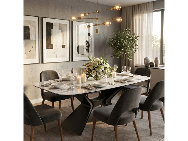  Table de salle à manger fixe en céramique sur verre 200x100 halo - effet marbre blanc  - Conforama B