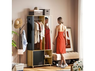 Armoire chambre penderie avec miroir, compartiments ouverts, placard et tringle de suspension, 80 x 30 x 170 cm, naturel