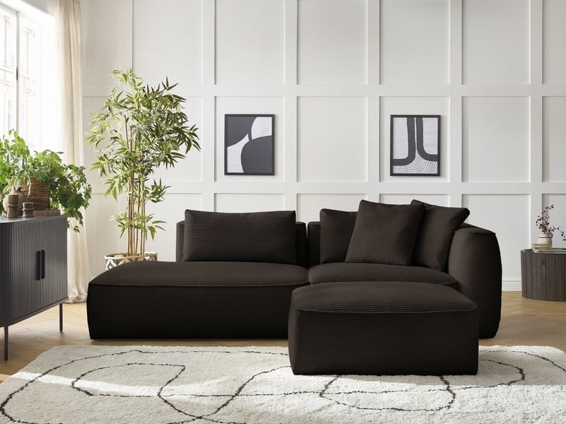  Bobochic canapé droit fixe 3 places leopold velours côtelé avec pouf marron  accoudoir droit LEOPOLD - Conforama C