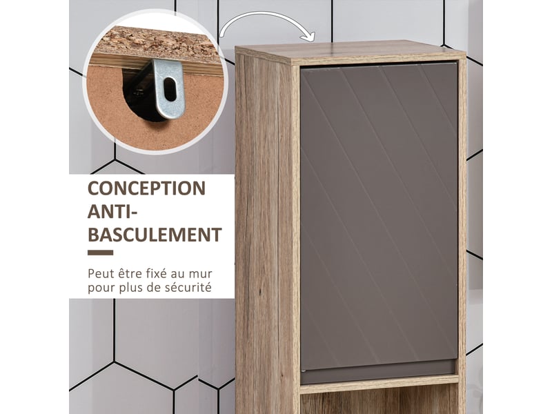 Meuble colonne salle de bain à 6 niveaux, meuble de rangement étroit avec 2 portes, 2 compartiments ouverts et étagère réglable, pour toilette, 30 x 24 x 170 cm gris et chêne, petits espaces - Conforama W
