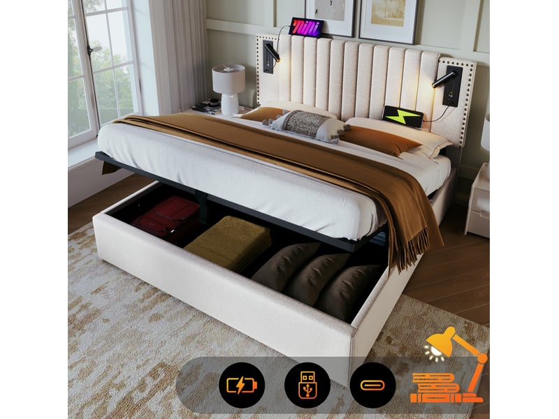  Lit coffre 160x200 avec sommier relevable, liseuses usb-c, tête de lit réglable et matelas, beige  - Conforama E