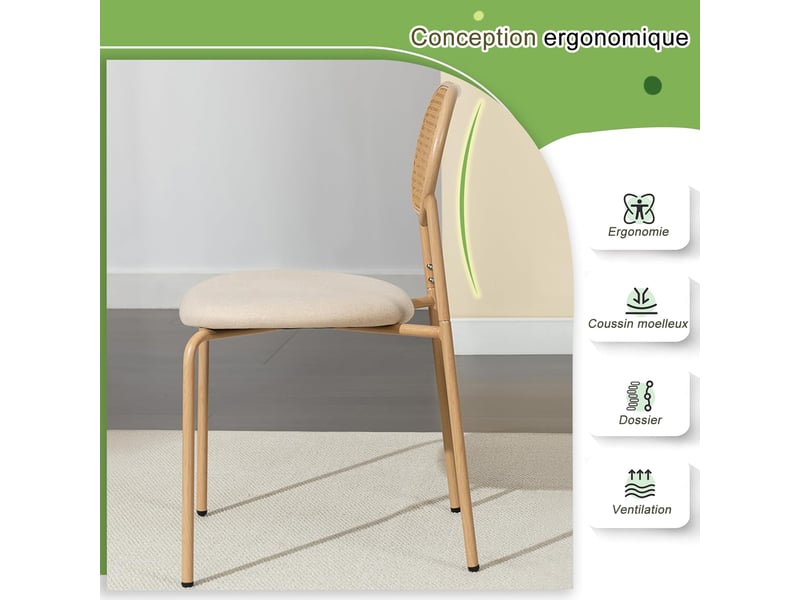  Lot de 2 chaises de salle à manger en rotin, chaise bistrot avec dossier en rotin et pu siège rembourré et 4 pieds reglables  - Conforama D