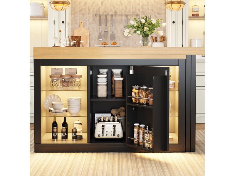  Îlot de cuisine avec table extensible et pivotante, led rgb, mdf noir  - Conforama D