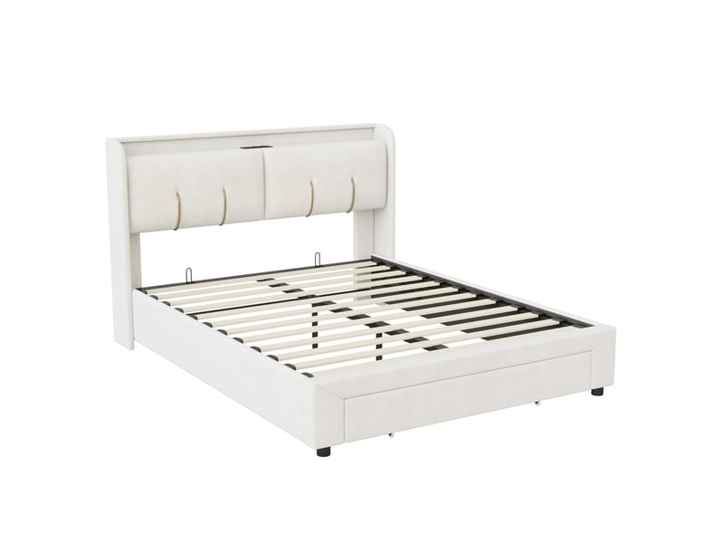 Lit coffre 2 places 160x200 cm, lit adulte avec rangement, ports usb, led, tiroir, velours blanc cassé - Conforama A