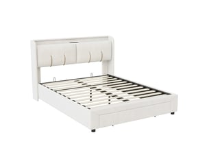 Lit coffre 2 places 160x200 cm, lit adulte avec rangement, ports usb, led, tiroir, velours blanc cassé