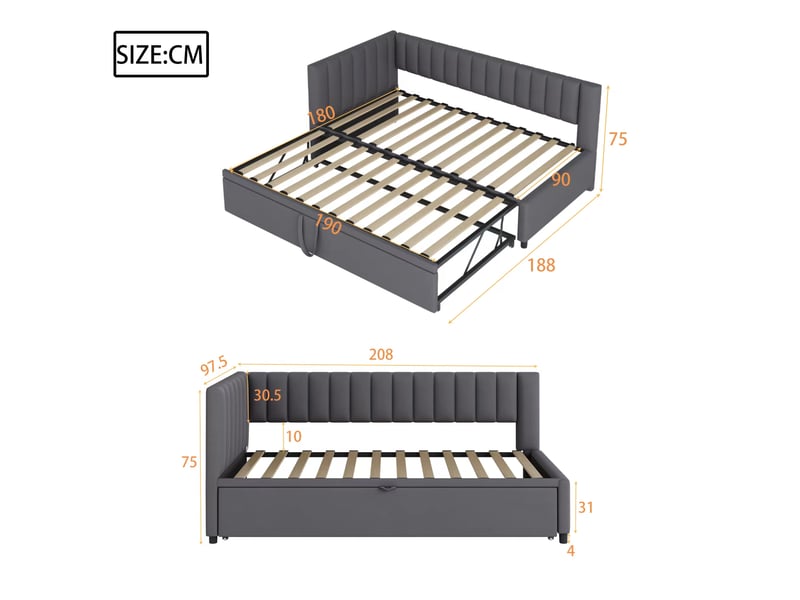  Canapé convertible en l 90180*200cm gris, tiroir-lit escamotable, velours doux pour petit espace  - Conforama B