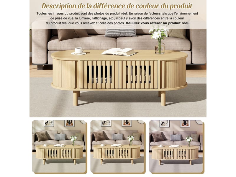  Table basse avec rangement 100 x 40 x 38 cm forme ovale en mdf deux portes à lames et porte à enroulement pieds en bois massif charge maximale de 30 kg teinte bois clair  - Conforama E