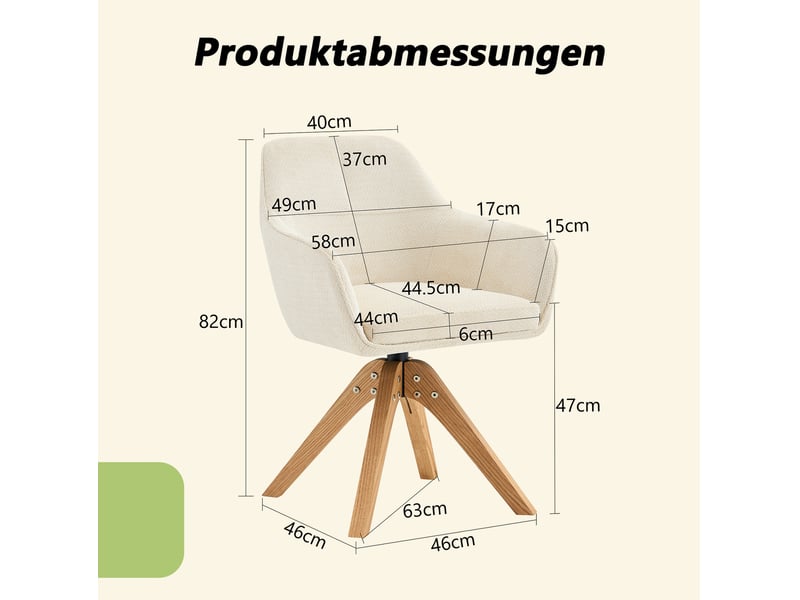 Chaise de salle à manger pivotante avec dossier ergonomique et accoudoirs, en tissu et bois, beige - Conforama D